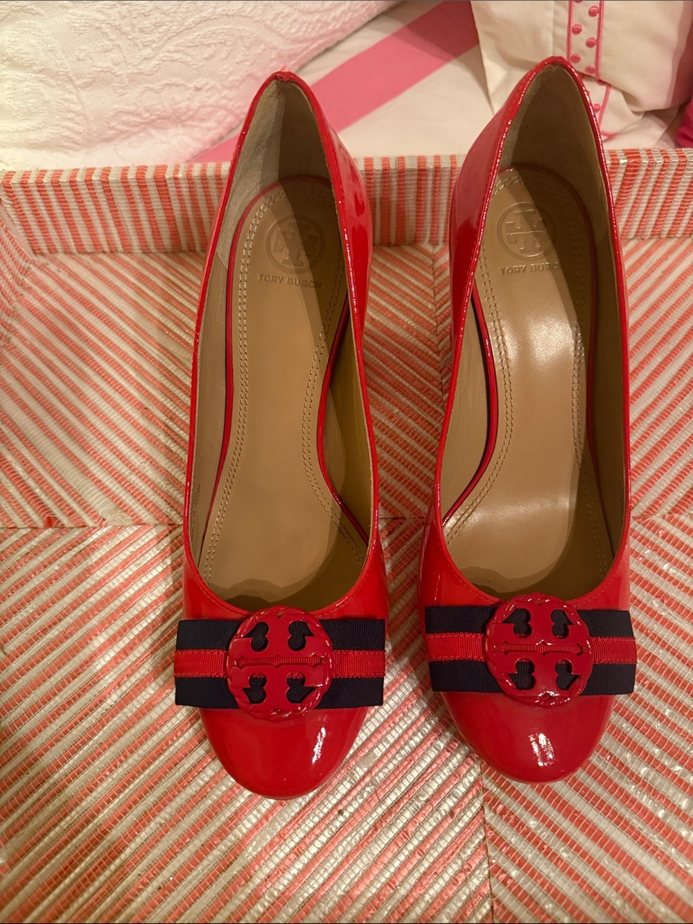 Tory Burch Red Patent Leather Pumps 3 inch heels with Logo Accent